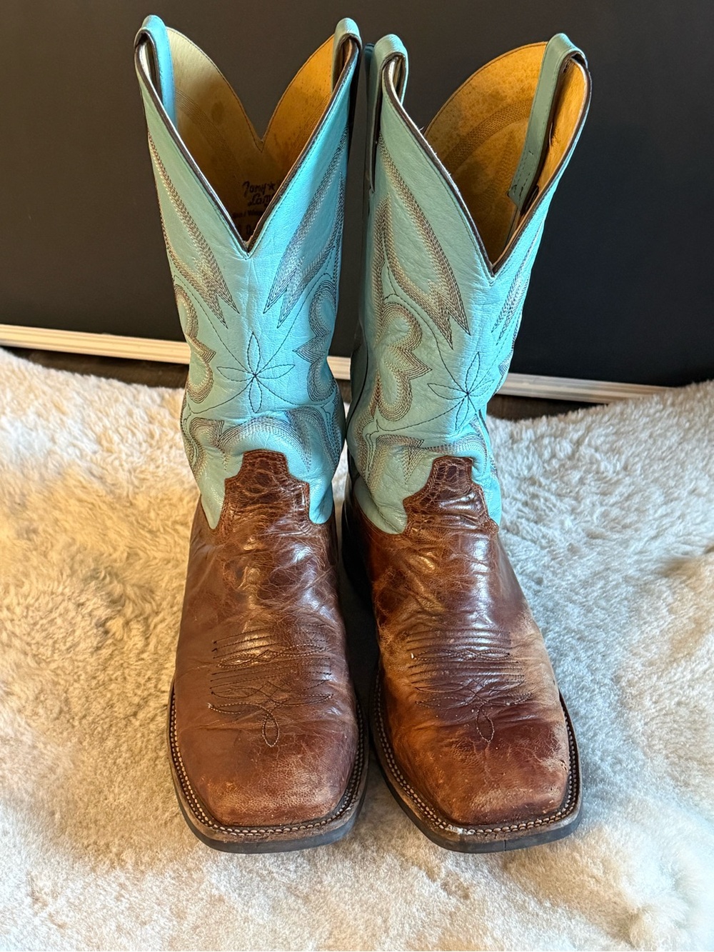 Tony Lama Sealy Honey Brown Leather Foot with Turquoise Shaft Cowboy Boots